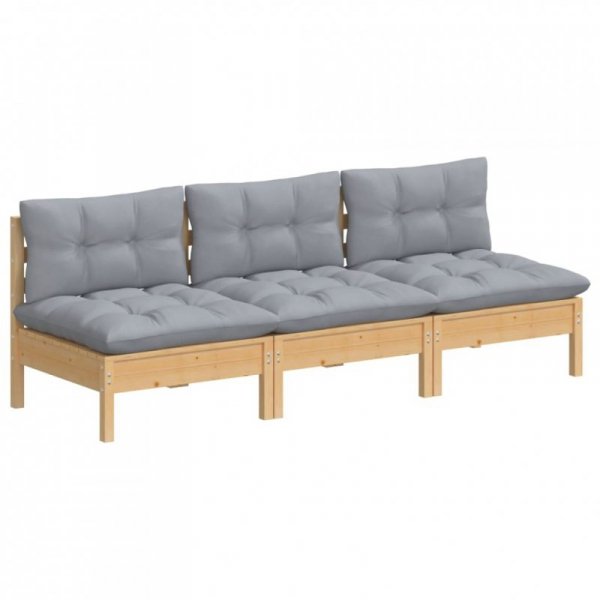 3-osobowa sofa ogrodowa z szarymi poduszkami, drewno sosnowe
