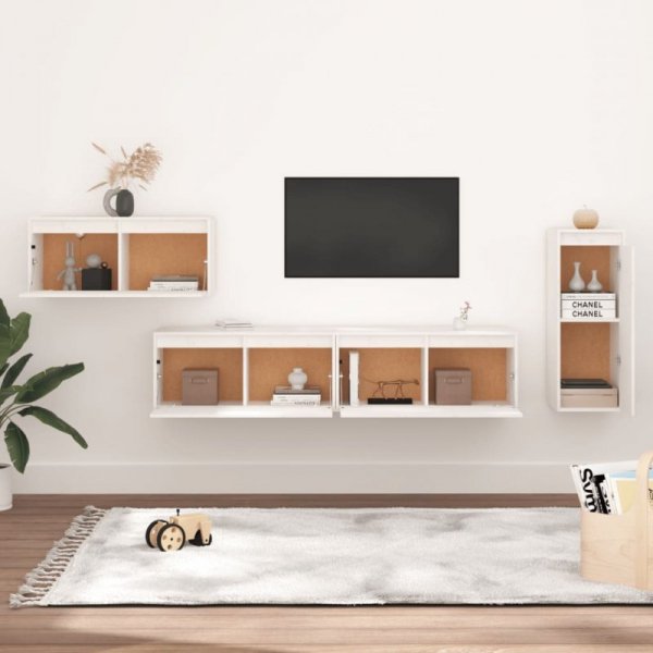 Szafki pod TV, 4 szt., białe, lite drewno sosnowe