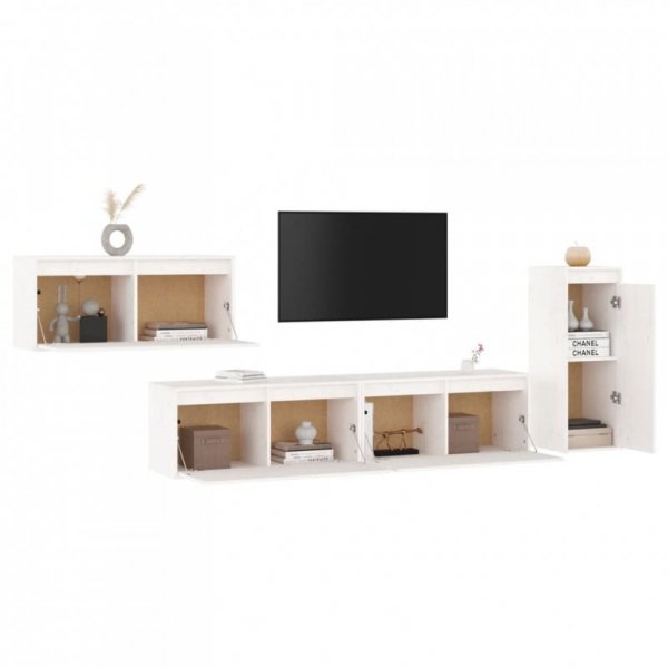 Szafki pod TV, 4 szt., białe, lite drewno sosnowe