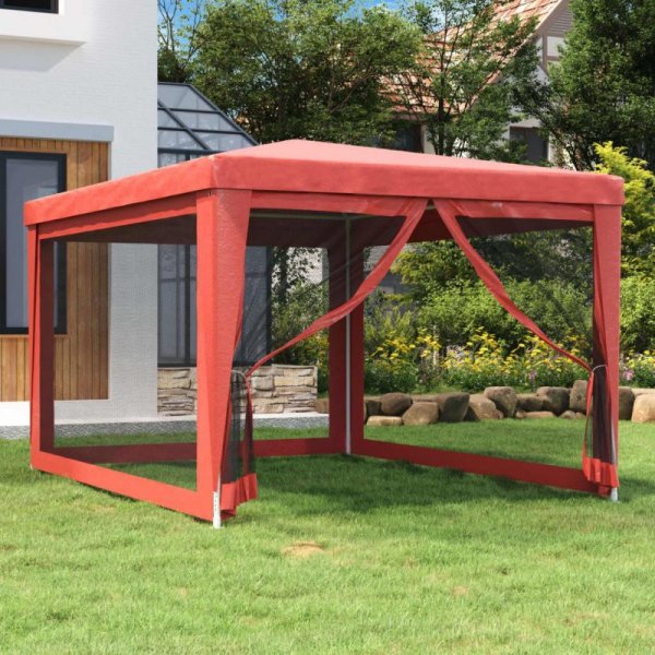 Namiot imprezowy z 4 ścianami z siatki, czerwony, 3x4 m, HDPE