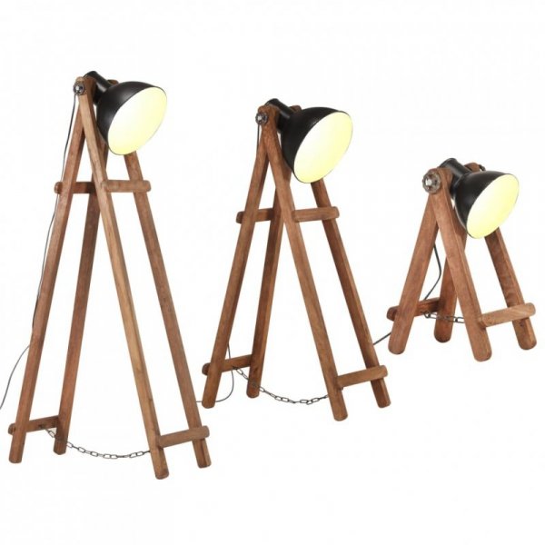 Lampy podłogowe, 3 szt., czarne, E27, lite drewno mango