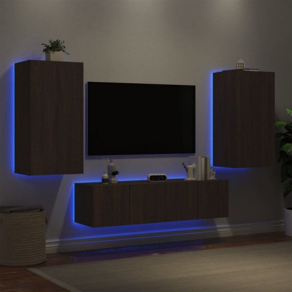 4-częściowy zestaw mebli TV z LED, brązowy dąb