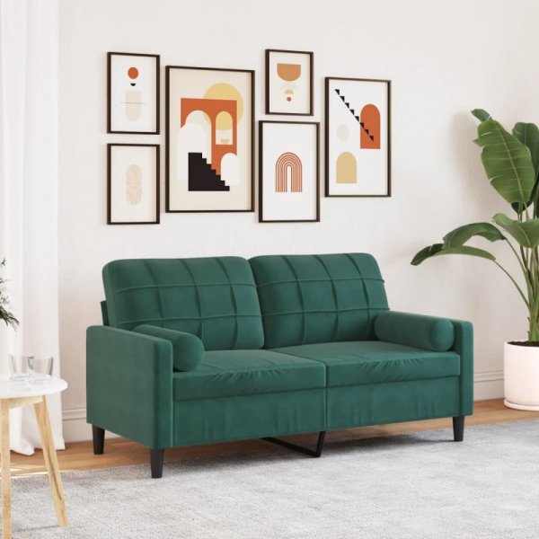 2-osobowa sofa z poduszkami, kolor ciemnozielony, tkanina aksamit, szerokość 140 cm