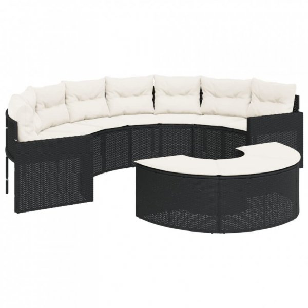 Sofa ogrodowa z poduszkami, półokrągła, czarny rattan PE