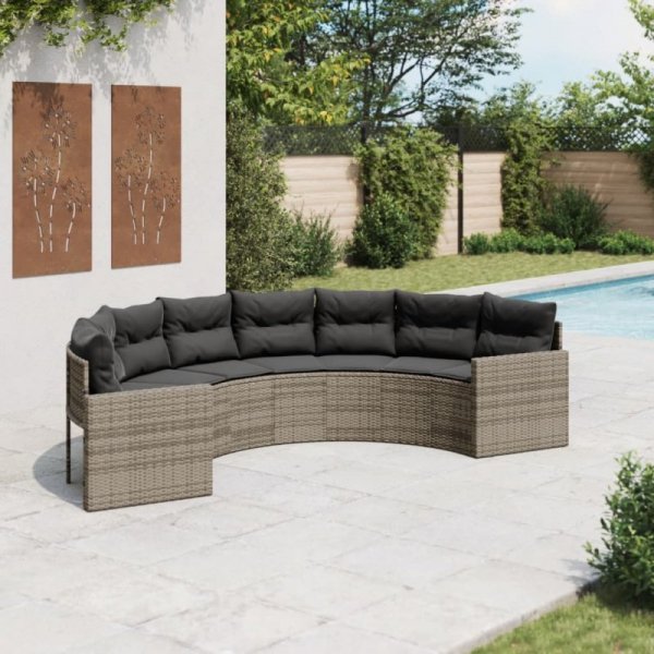 Sofa ogrodowa z poduszkami, półokrągła, szary rattan PE