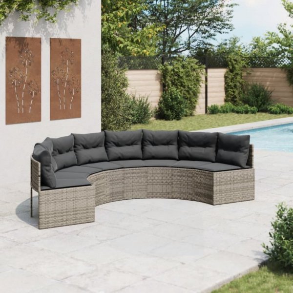 Sofa ogrodowa z poduszkami, półokrągła, szary rattan PE