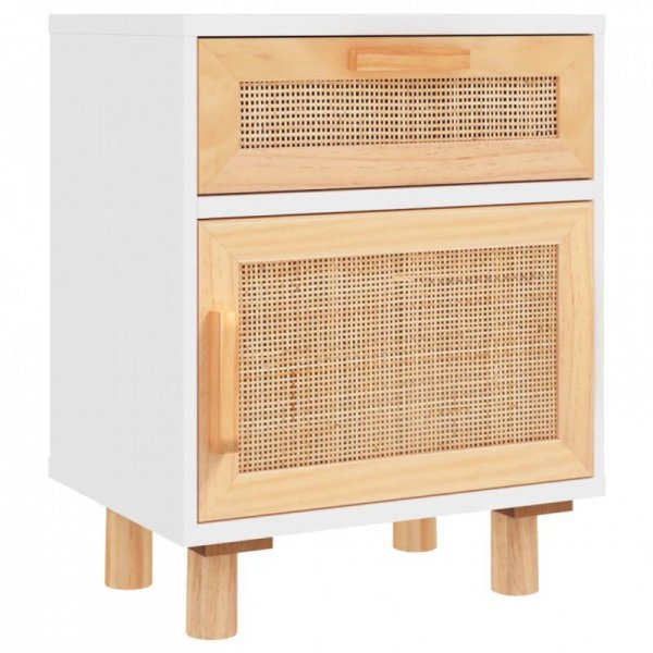 Szafka nocna, biała, lite drewno sosnowe i naturalny rattan