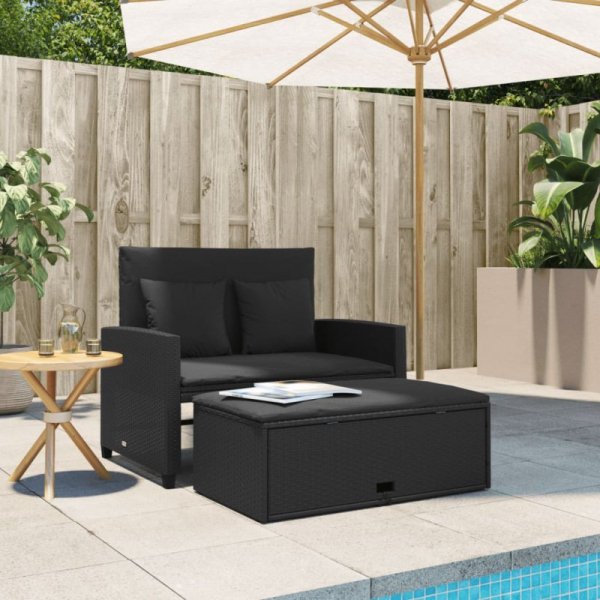 Sofa ogrodowa z poduszkami, 2-osobowa, czarna, polirattan