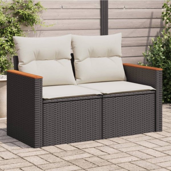 Sofa ogrodowa z poduszkami, 2-osobowa, czarna, polirattan