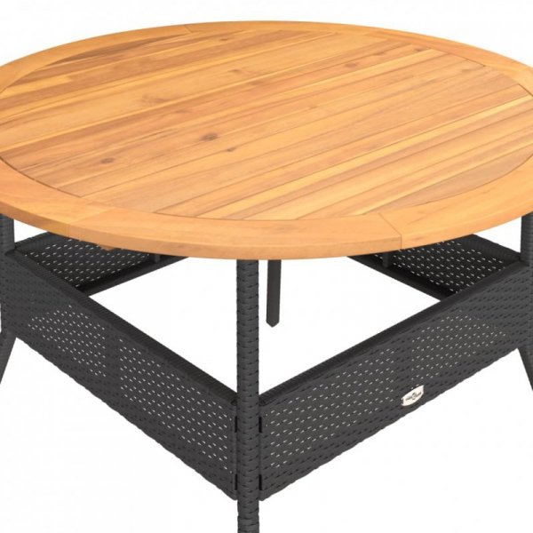 Stół ogrodowy z akacjowym blatem, czarny, Ø110x71 cm, rattan PE
