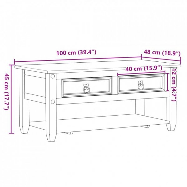 Stolik kawowy z szufladami Corona, 100x48x45 cm, drewno sosnowe