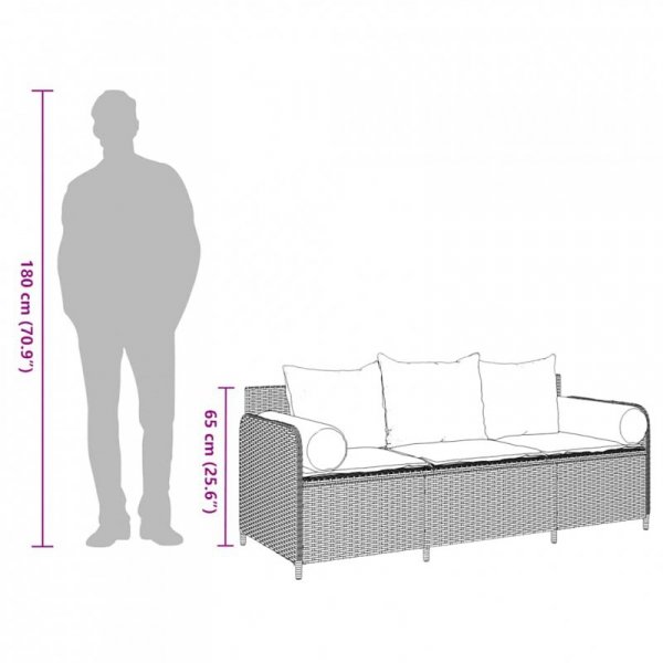 Sofa ogrodowa z poduszkami, 3-osobowa, czarna, polirattan