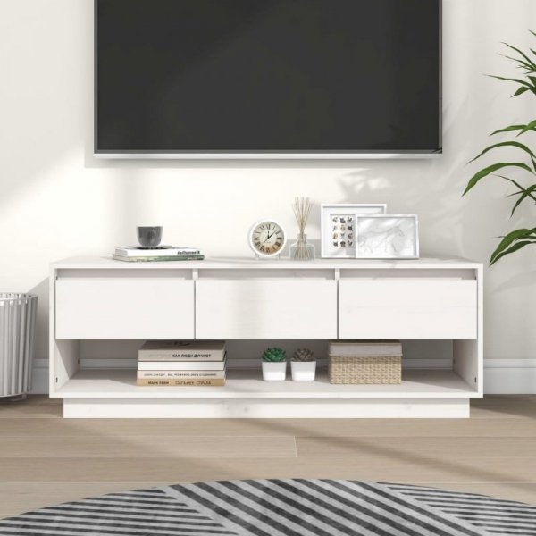 Szafka pod telewizor, biała 110,5x34x40 cm, lite drewno sosnowe