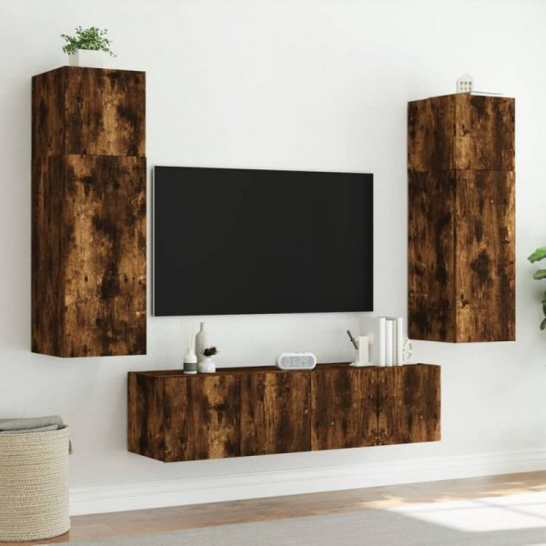 Ścienne szafki TV z LED, 2 szt., przydymiony dąb, 80x35x31 cm