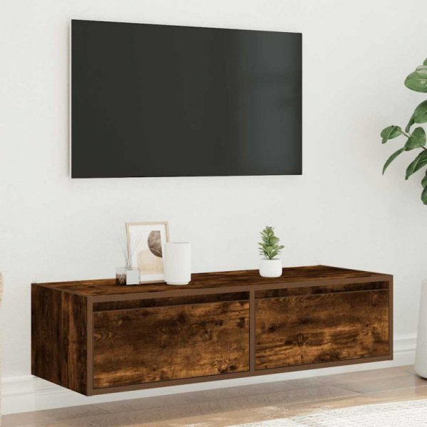Szafka pod TV z LED, przydymiony dąb, 100x35,5x25 cm