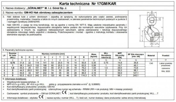 HAK Z ZABEZPIECZENIEM OBROTOWY 2000KG GM-HO (1 SZT)