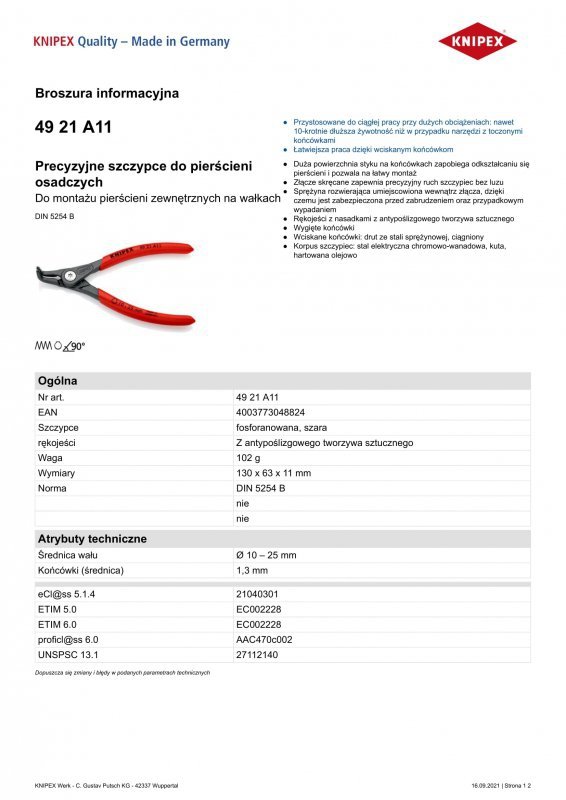 PRECYZYJNE SZCZYPCE DO PIERŚCIENI ZEW.WYGIĘTE 130MM (1 SZT)