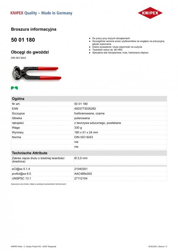 OBCĘGI DO GWOŹDZI 180MM (1 SZT)