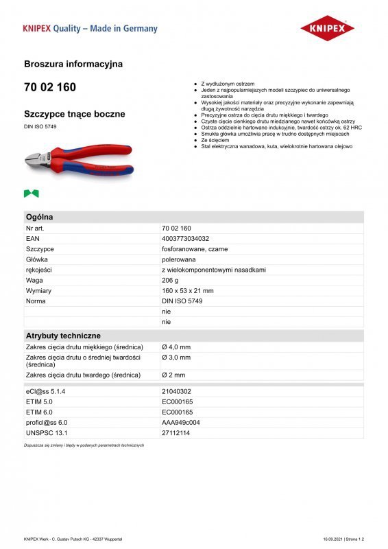 SZCZYPCE TNĄCE BOCZNE 160MM, POWLEKANE (1 SZT)