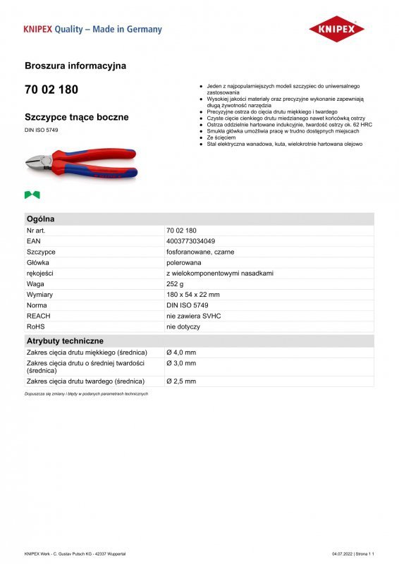 SZCZYPCE TNĄCE BOCZNE 180MM, POWLEKANE (1 SZT)