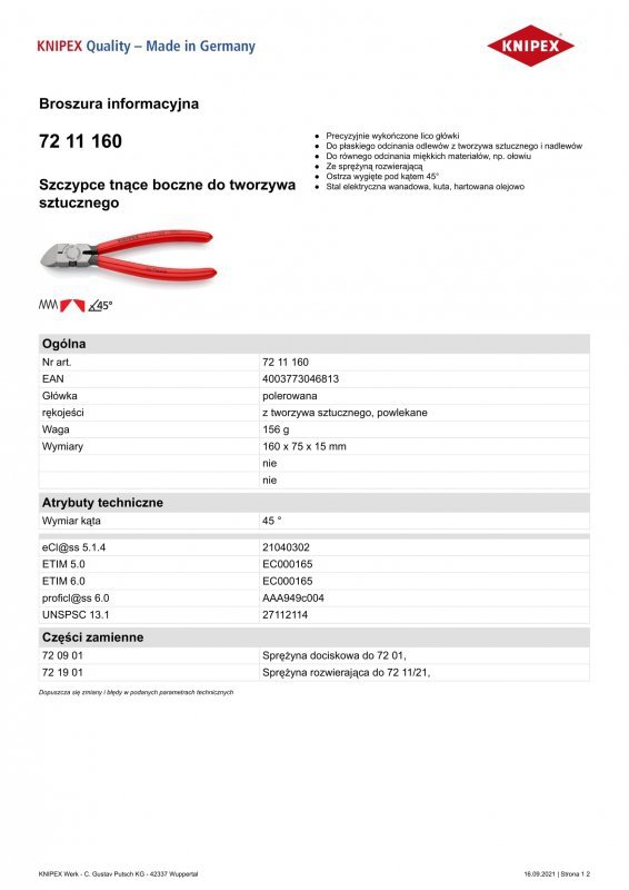 SZCZYPCE TNĄCE BOCZNE DO TWORZYWA SZTUCZNEGO 45 ° 160MM (1 SZT)