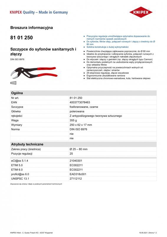 SZCZYPCE DO SYFONÓW SANITARNYCH I ZŁĄCZY 250MM, 25-80MM (1 SZT)