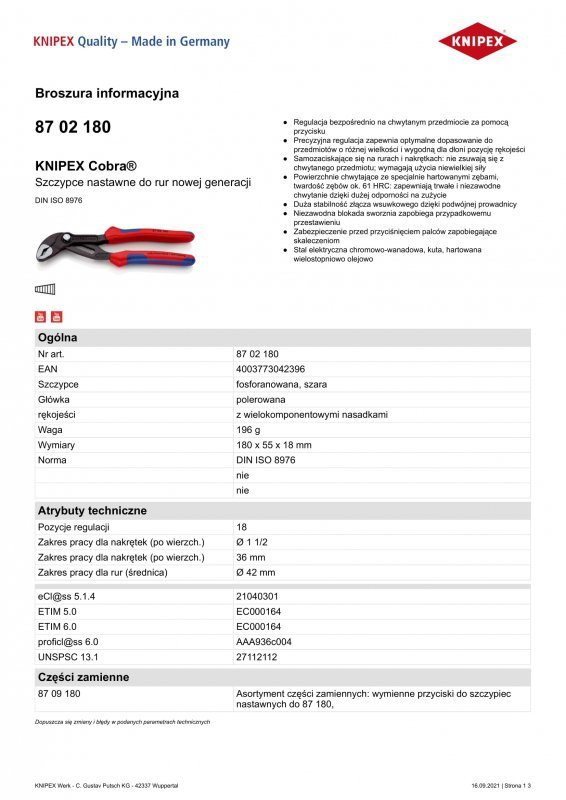 SZCZYPCE DO RUR COBRA 180MM (1 SZT)