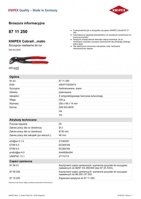 SZCZYPCE DO RUR COBRA NASTAWNE 250MM (1 SZT)