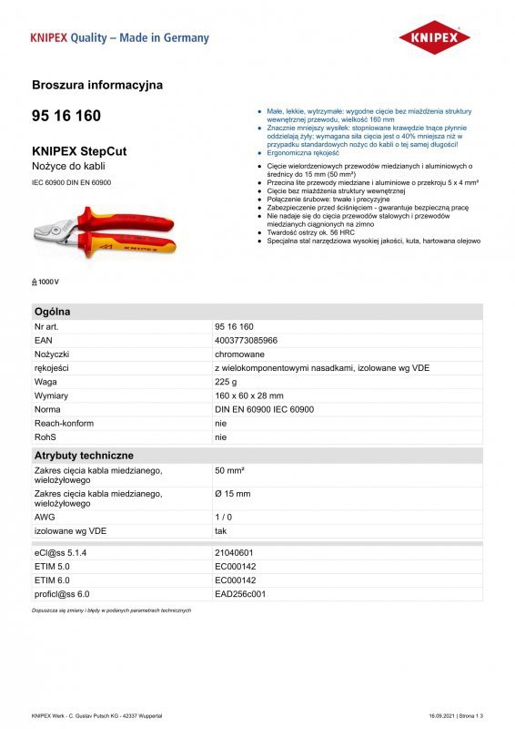 NOŻYCE DO KABLI IZOLOWANE 1000V 160MM (1 SZT)