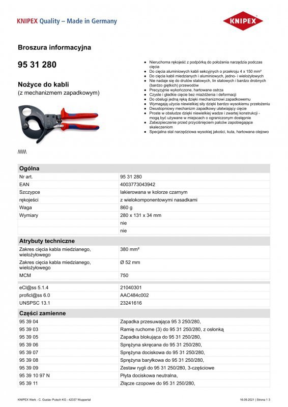 NOŻYCE DO KABLI 280MM, MECHANIZM ZAPADKOWY (1 SZT)