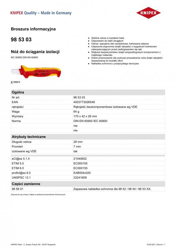 NÓŻ DO ŚCIĄGANIA IZOLACJI 170MM (1 SZT)