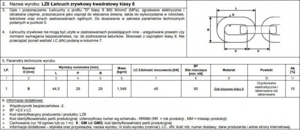 ŁAŃCUCH ZRYWKOWY PROFIL &#039;D&#039; 8*28MM KL.8 LC45KN (47 KG)