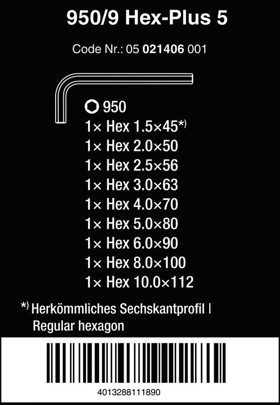 ZESTAW KLUCZY TRZPIENIOWYCH 950/9 KRÓTKICH, 9SZT. (1 KPL)