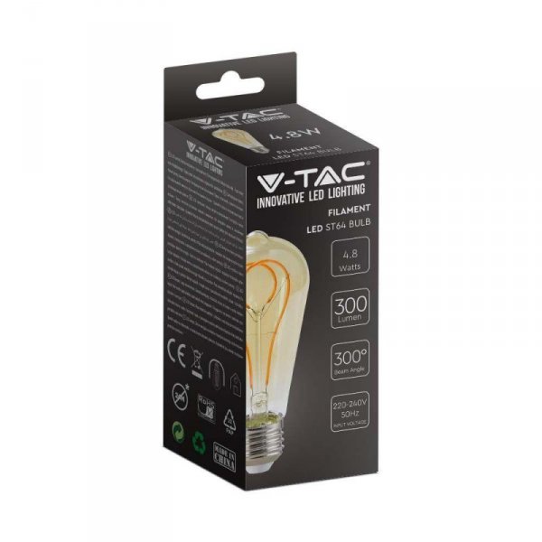 Żarówka LED V-TAC 4,8W E27 Filament Złota Vintage ST64 64x143mm VT-2066-N 1800K 300lm