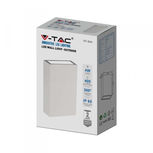 Oprawa Kinkiet Ścienny Góra Dół V-TAC 4W LED Biała IP65 VT-844-W-N 3000K 400lm