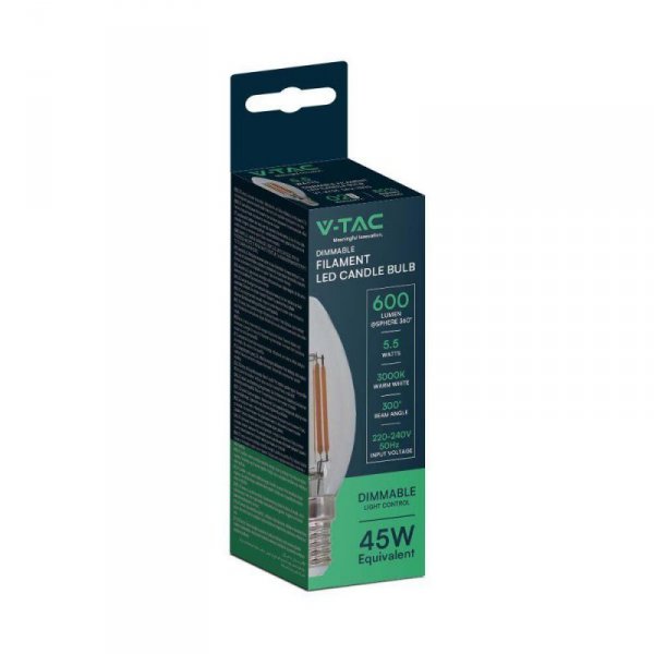 Żarówka LED V-TAC 5,5W E14 Filament Świeczka Ściemnialna VT-21125 3000K 600lm