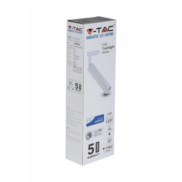 Oprawa 15W LED V-TAC Szynosystem 3F SAMSUNG CHIP CRI90+ Biała VT-415-W 5000K 1200lm 5 Lat Gwarancji