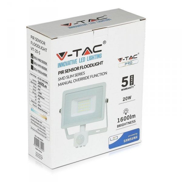 Projektor LED V-TAC 20W SAMSUNG CHIP czujnik ruchu funkcja cut-OFF biały VT-20-S-B 4000K 1600lm 5 Lat Gwarancji