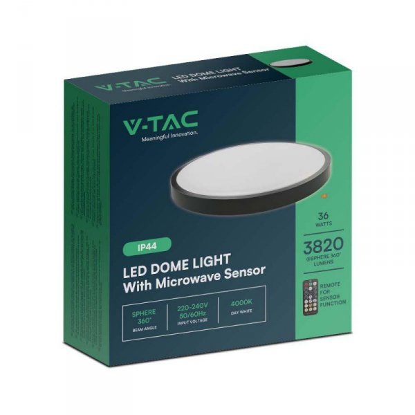 Plafon V-TAC 36W LED Okrągły 42cm Natynkowy Pilot Czujnik Ruchu IP44 Czarny VT-8630S 4000K 3820lm