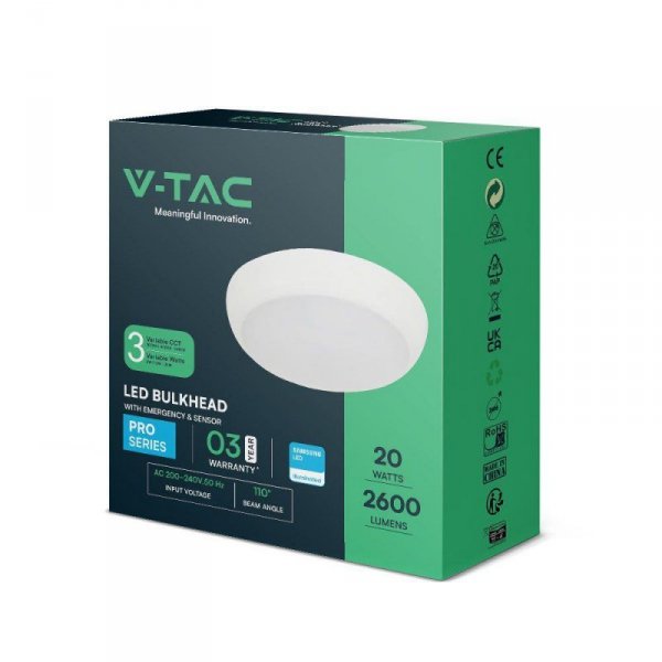 Plafon LED V-TAC Czujnik/CCT/Awaria 3godziny 8W/16W/20W SAMSUNG CHIP IP65 IK08 VT-8633 3000K-4000K-6400K 2600lm 3 Lata Gwarancji