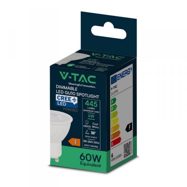 Żarówka LED V-TAC CREE CHIP 6W GU10 110st ściemnialna VT-247D 6500K 445lm 6 Lat Gwarancji