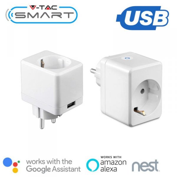 Gniazdo Adapter Przelotka z USB SMART WiFi V-TAC Amazon Alexa, Google Home, Nest VT-5002