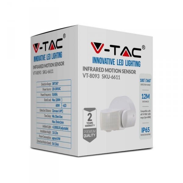 Czujnik Ruchu V-TAC Ścienny Biały 180st/360st IP65 VT-8093