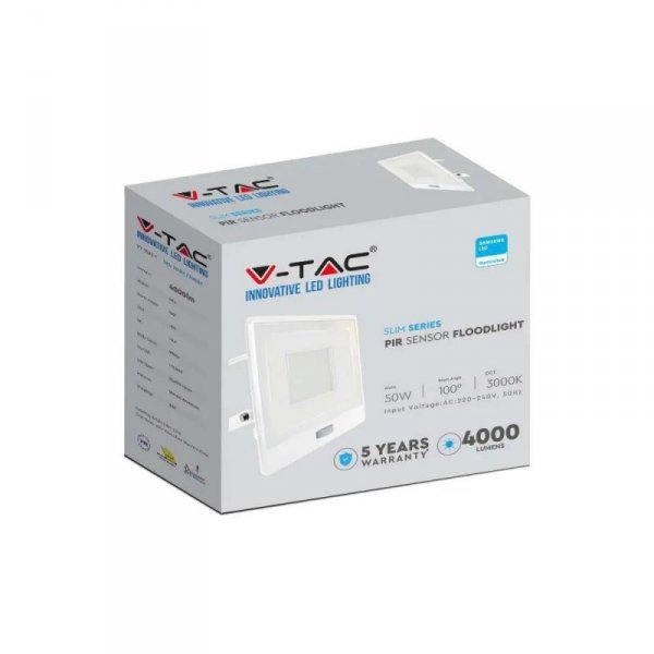 Projektor LED V-TAC 50W SAMSUNG CHIP Czujnik Ruchu Biały Przewód 1M VT-158S-1 4000K 4000lm 5 Lat Gwarancji