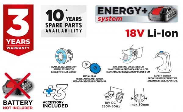 Sekator akumulatorowy bezszczotkowy Energy + 18V Li-lon, bez akumulatora