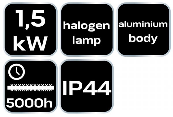 Promiennik sufitowy 1500W, aluminiowy, bez pilota, włącznik, element grzejny halogen lamp, IP44