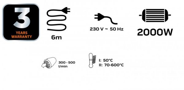 Opalarka 2000W, I: 50ºC, II: 70-600ºC,walizka, wyświetlacz