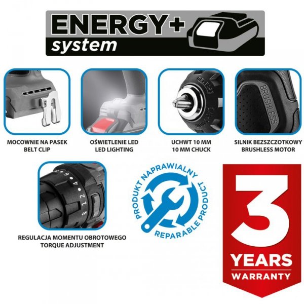 Wiertarko-wkrętarka bezszczotkowa 18V, uchwyt 10mm, compact, Energy+, bez akumulatora
