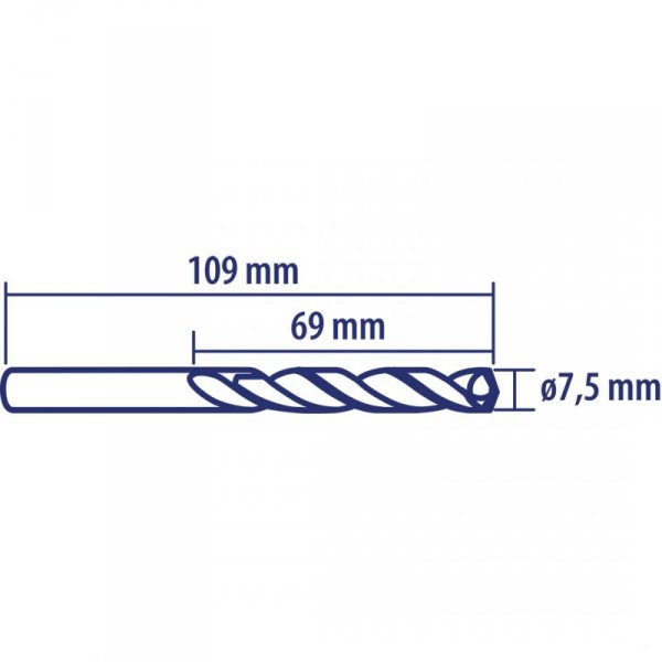 Wiertło do metalu Baildon DIN 338 RN 7,5 mm, HSS TiN (S), 109-69 mm (chwyt 3-płaszczyznowy)