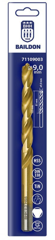 Wiertło do metalu Baildon DIN 338 RN 9 mm, HSS TiN (S), 125-81 mm (chwyt 3-płaszczyznowy)